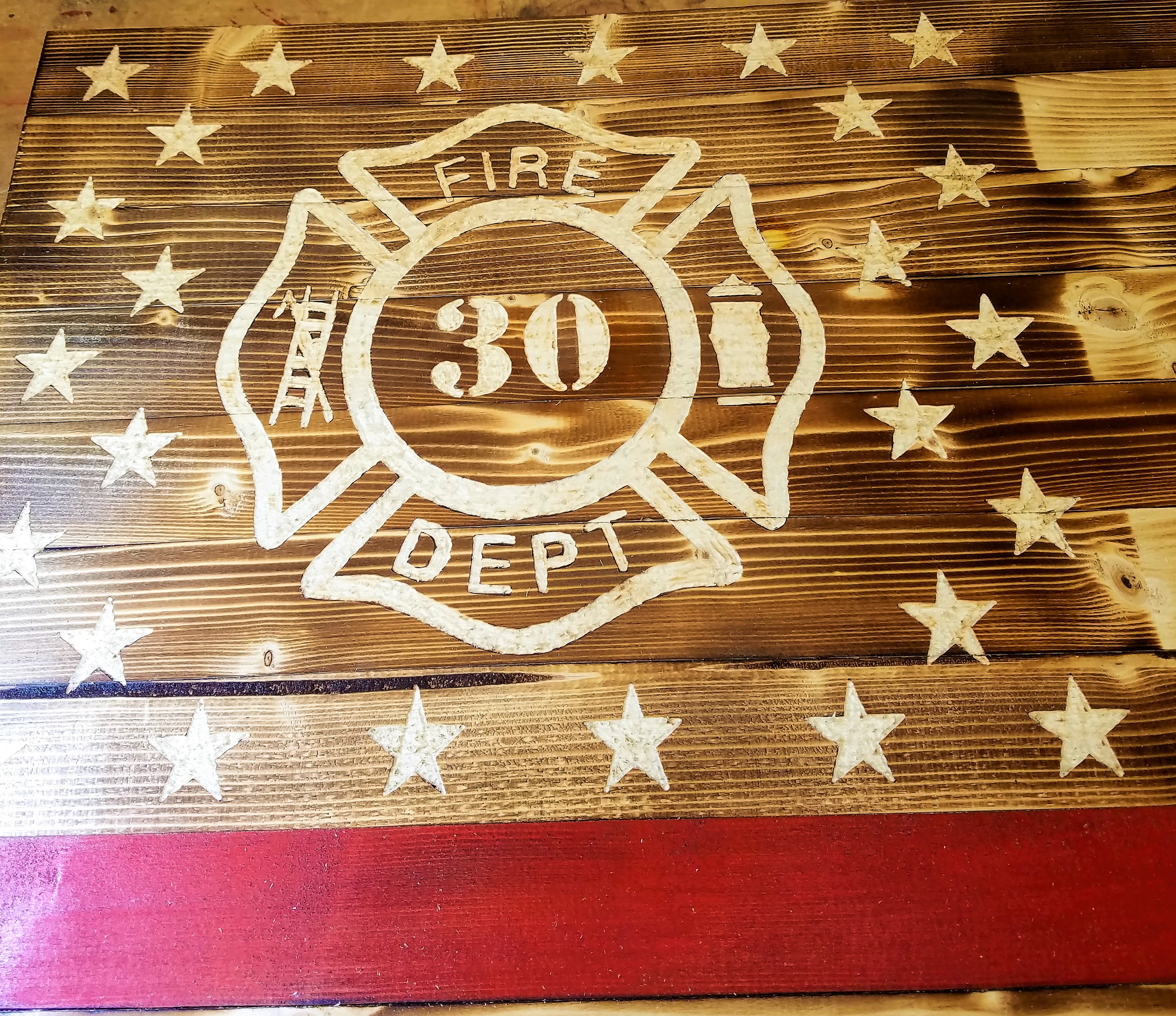 Close up picture of fire fighter stars area and customization with fire fighter number.
