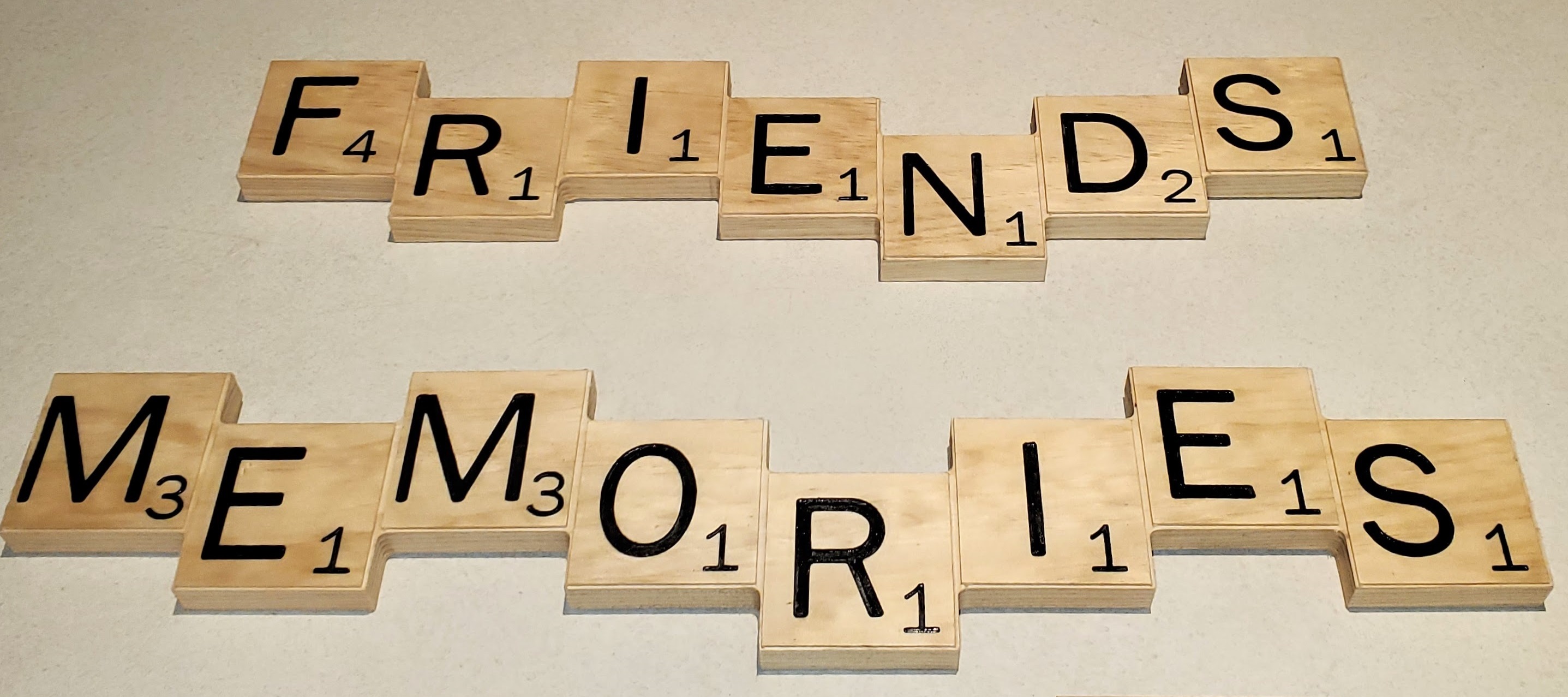 Picture of wooden scrabble tile pieces that spell out friends and memories.